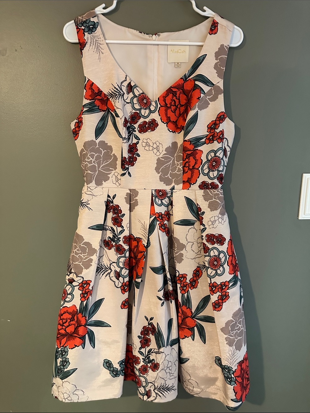 Mod Cloth Floral V-Neck Fit & Flare Dress in Cream and Red